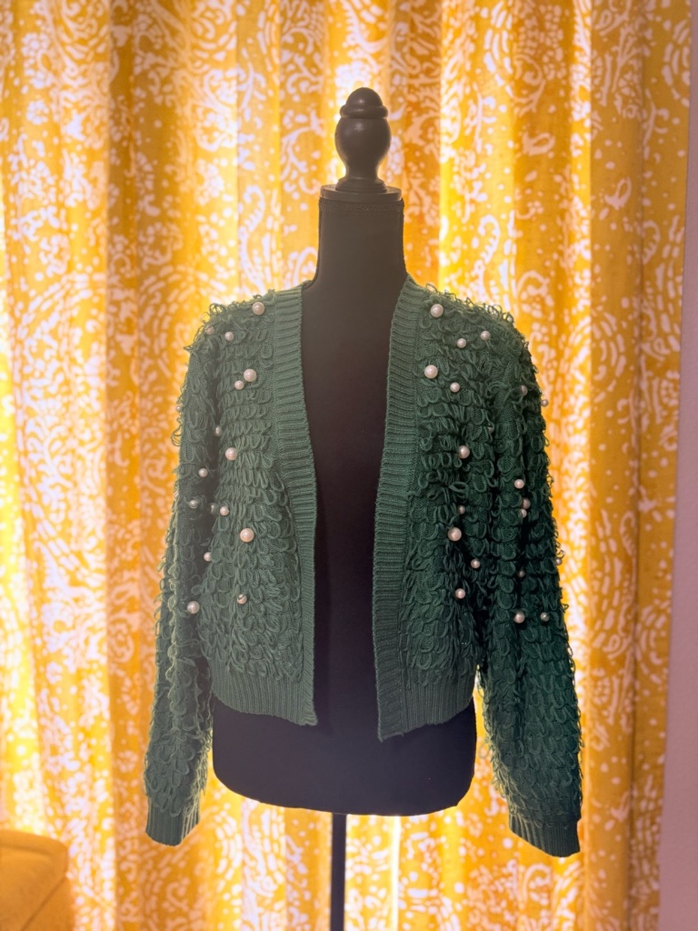 Mighty Fine Brand Green Pearl-Accented Women's Cardigan size M-L